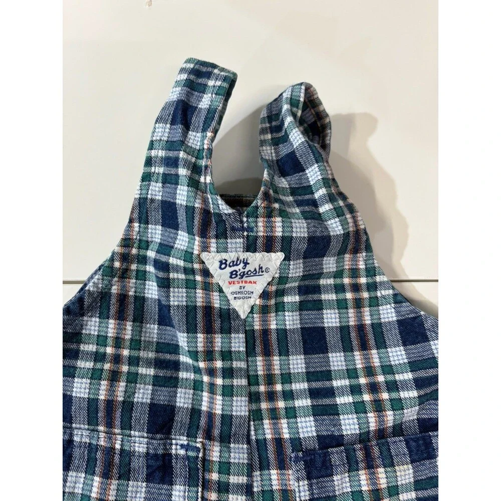 Vintage OshKosh Blue Green White Plaid Cotton Bib Overalls One-Piece 12m